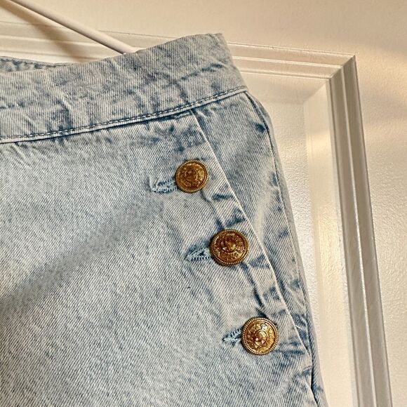 High Rise Waist Gold Button Straight Leg Jeans Denim Pants Sz Large - Picture 7 of 10